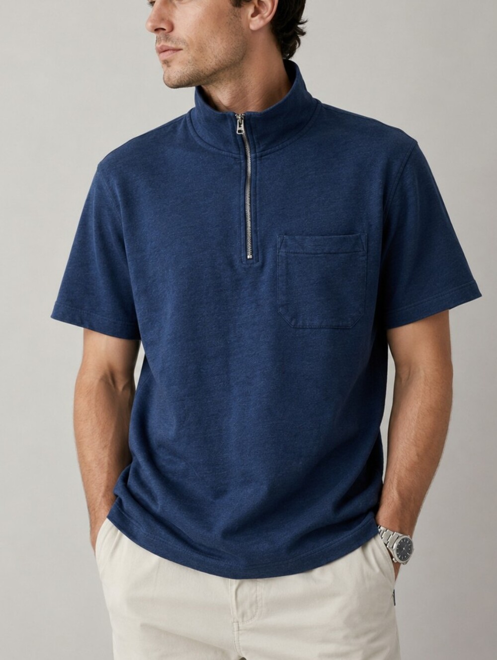 Norse Projects Jørn Half Zip Cotton Linen Tee Men's Small Navy Organic Cotton